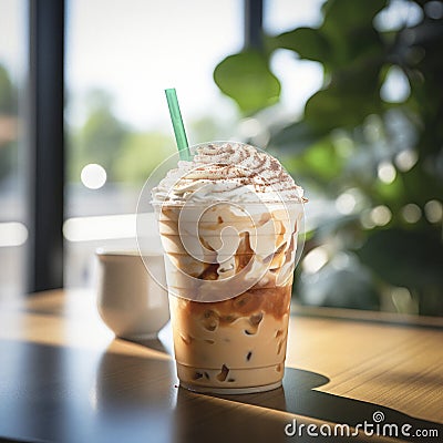 Fresh Frappuccino with cream served on the wooden table at cafe Stock Photo